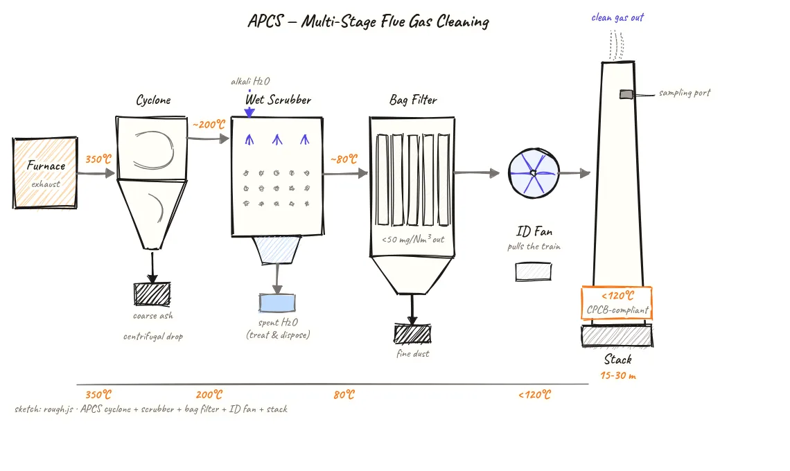 Horizontal process flow diagram of an air pollution control system showing furnace flue gas at 350 degrees Celsius entering a cyclone separator, then a wet scrubber, then a bag filter, then an induced draft fan, then exiting through a 15-30 metre chimney stack with a sampling port, with temperature dropping labels showing 350 degrees at inlet and below 120 degrees at stack, and CPCB compliant annotation