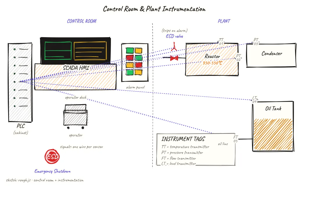 Split two-panel diagram showing left panel the control room interior with PLC cabinet, SCADA HMI monitor, alarm panel with indicator lights, and red ESD emergency stop button, and right panel the plant process equipment with instrument tags including TT01 temperature transmitter, PT02 and PT03 pressure transmitters, LT04 level transmitter, FT05 flow transmitter, and an ESD automatic shutdown valve on the vapor line