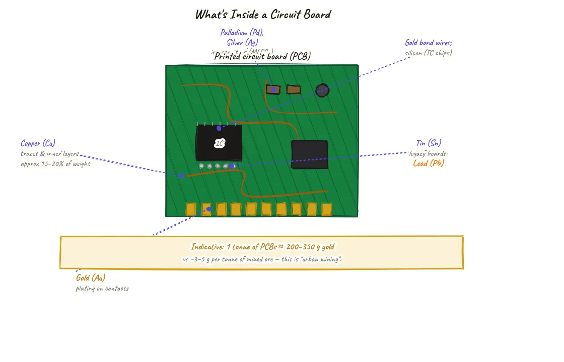 Diagram of a printed circuit board showing where each recoverable metal sits - gold on edge connectors, copper in traces, palladium and silver in capacitors, tin/lead in solder - with an indicative gold grade far higher than natural ore.