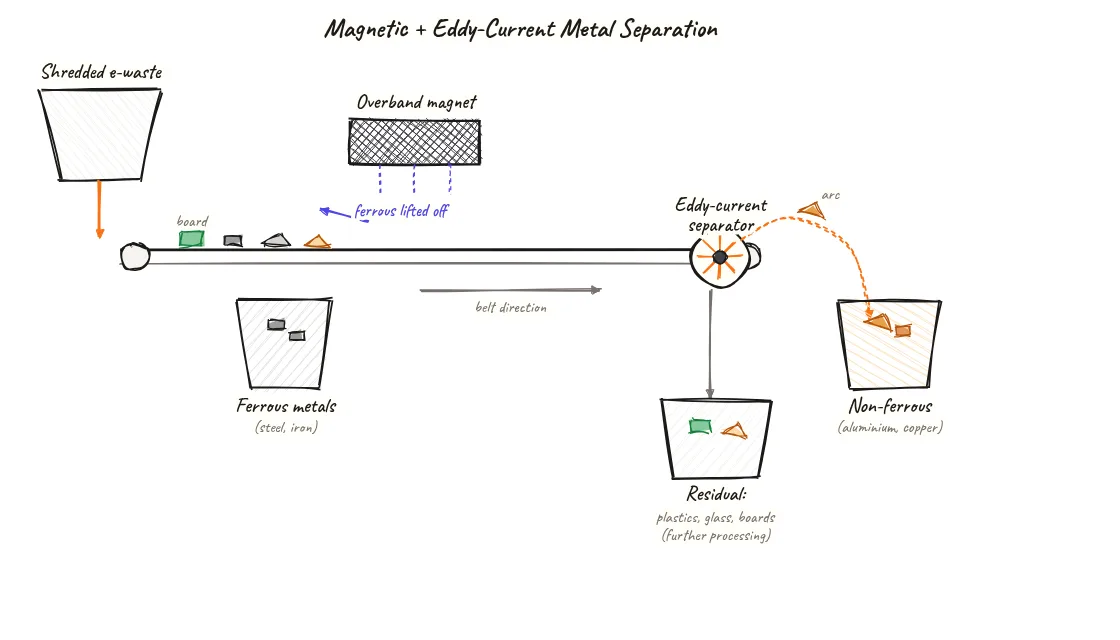 E-waste metal separation: shredded feed passes an overband magnet that removes ferrous metals, then an eddy-current separator that ejects non-ferrous aluminium and copper, leaving residual plastics and boards.