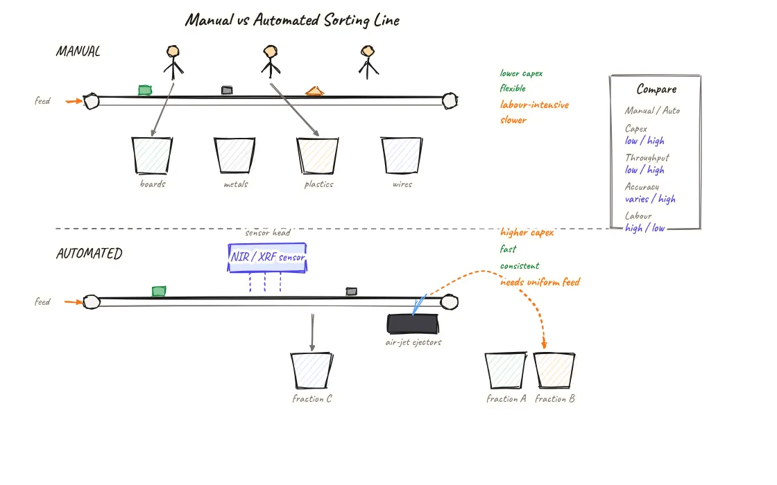Manual versus automated e-waste sorting - a hand-picking belt compared with a sensor-based (NIR/XRF) line using air-jet ejectors, contrasting capex, throughput, accuracy and labour.