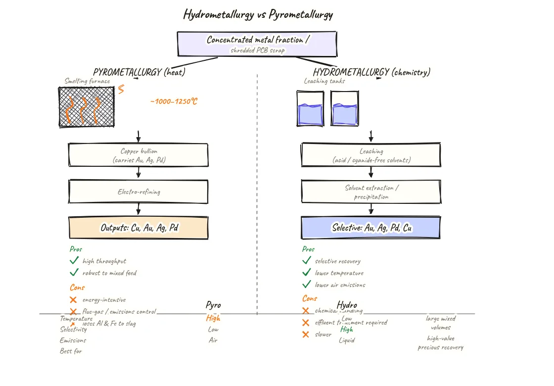 Comparison of pyrometallurgical (smelting at ~1000-1250C) versus hydrometallurgical (leaching and solvent extraction) routes for recovering copper, gold, silver and palladium from e-waste, with trade-offs in temperature, selectivity and emissions.