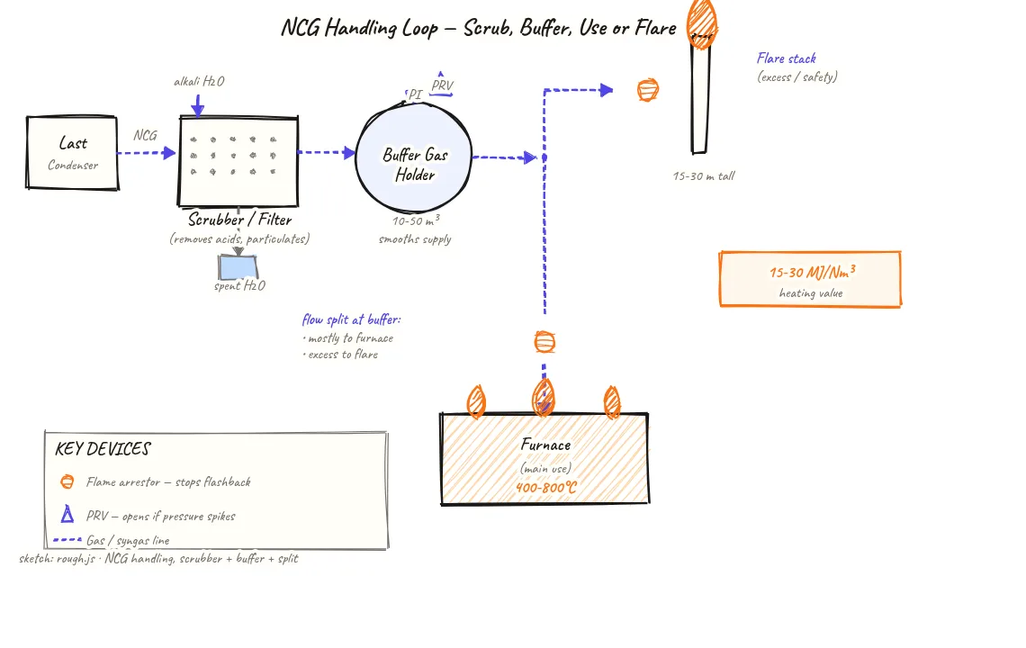 Process flow diagram of a non-condensable gas handling system showing gas exiting the last condenser, entering a scrubber and filter, then a buffer gas holder with pressure relief valve and flame arrestors, splitting to a furnace burner as the primary fuel path and a flare stack as the secondary path for excess gas, with calorific value label of 15-30 MJ per cubic metre