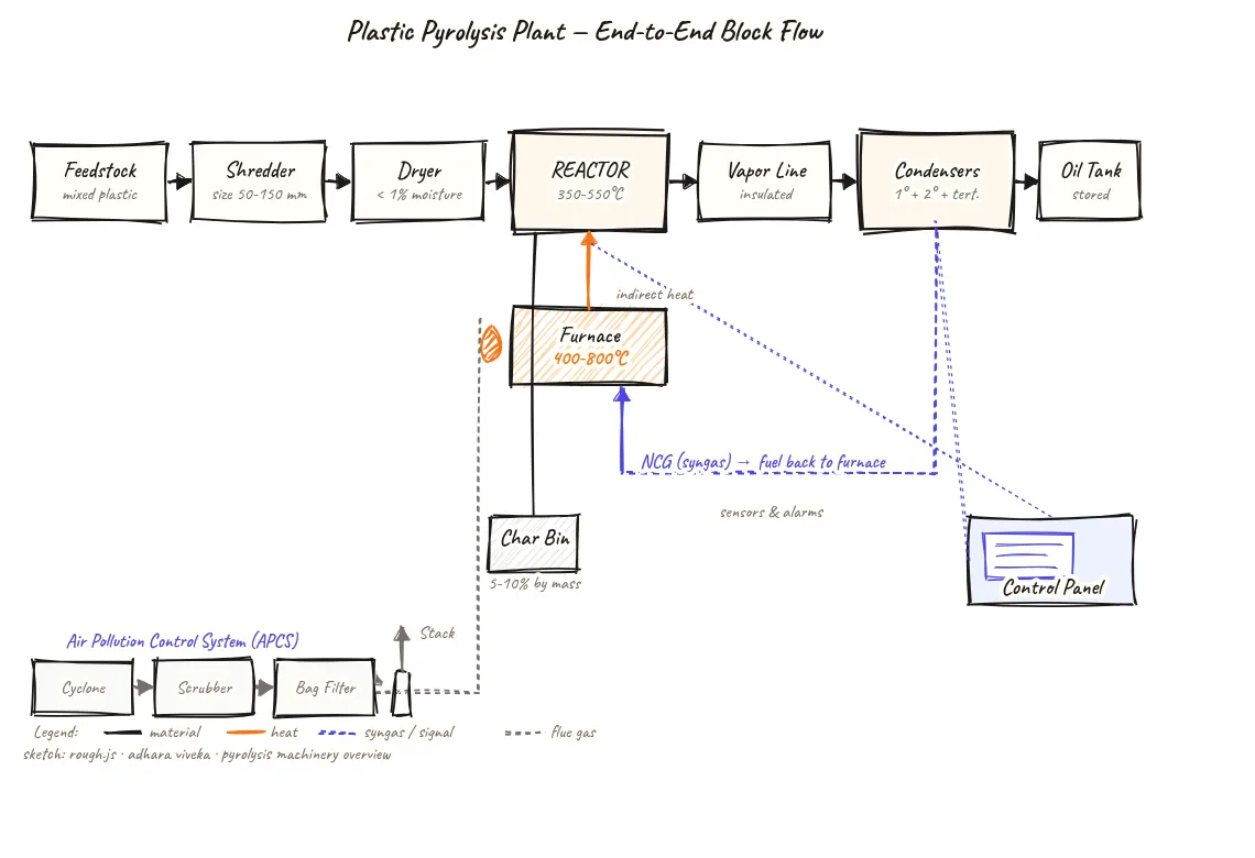 Block flow diagram of a plastic pyrolysis plant showing process blocks connected by arrows: feedstock, shredder, dryer, reactor, vapor line, condenser train, oil tank, furnace, non-condensable gas syngas loop, char bin, air pollution control system, and control panel