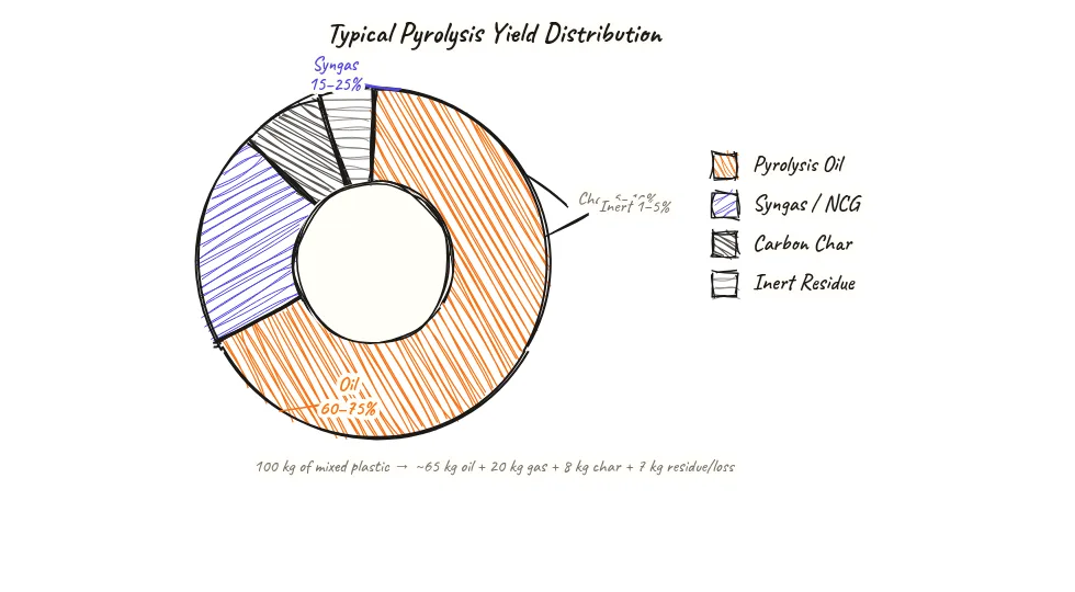 Donut chart diagram showing weight distribution of pyrolysis batch outputs with the largest segment labelled pyrolysis oil at approximately 60 percent, followed by char at approximately 20 percent, syngas at approximately 15 percent, and losses at approximately 5 percent, with caption noting most value leaves as liquid oil