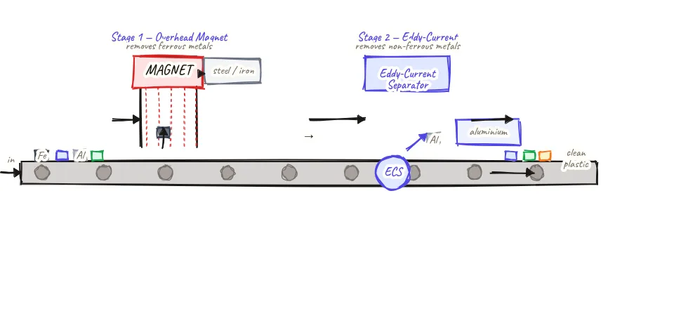 Conveyor belt diagram showing mixed plastic with metal contaminants entering from the left, an overhead permanent magnet in the middle of the conveyor pulling iron and steel pieces upward onto a cross-belt conveyor for ferrous metal collection, then further along the belt an eddy-current separator with rotating magnets beneath the belt tail creating an electromagnetic field that repels aluminium cans and foil sideways into a non-ferrous chute, and clean plastic exiting to the right
