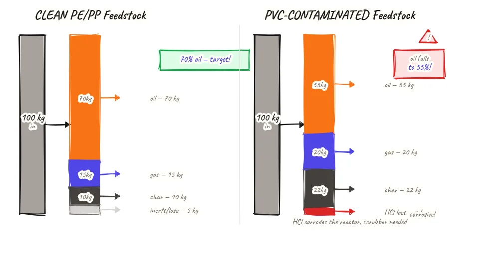 Two horizontal Sankey bars shown side by side for comparison: left bar labelled clean PE/PP feedstock showing 100 kg input splitting into 70 kg oil in blue, 15 kg syngas in orange, 10 kg char in grey, and 5 kg losses in light grey, all proportional widths; right bar labelled PVC-contaminated feedstock showing 100 kg input splitting into 55 kg oil in smaller blue, 20 kg syngas in orange, 22 kg char in larger grey, and 3 kg HCl losses in red with warning triangle