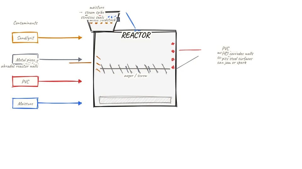 Pyrolysis reactor cross-section with four contaminant icons on the left side (sand, metal, PVC pipe, water droplet) each connected by arrows to specific damage zones inside the reactor: sand causing wall abrasion marks on inner wall surface, metal causing auger screw scoring damage, PVC causing HCl hydrogen chloride pitting corrosion marks on reactor lining, and moisture causing steam pressure spike annotation inside the reactor freeboard
