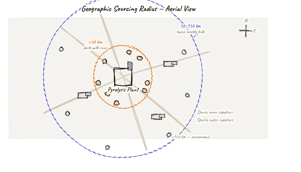 Concentric ring map diagram centred on a pyrolysis plant location showing an inner ring labelled 50 km radius for daily collection runs with higher density sourcing points, and an outer ring labelled 150 km radius for twice-weekly bulk truck collection, with sourcing point icons at various distances and a cost-per-tonne arrow showing cost increasing with distance