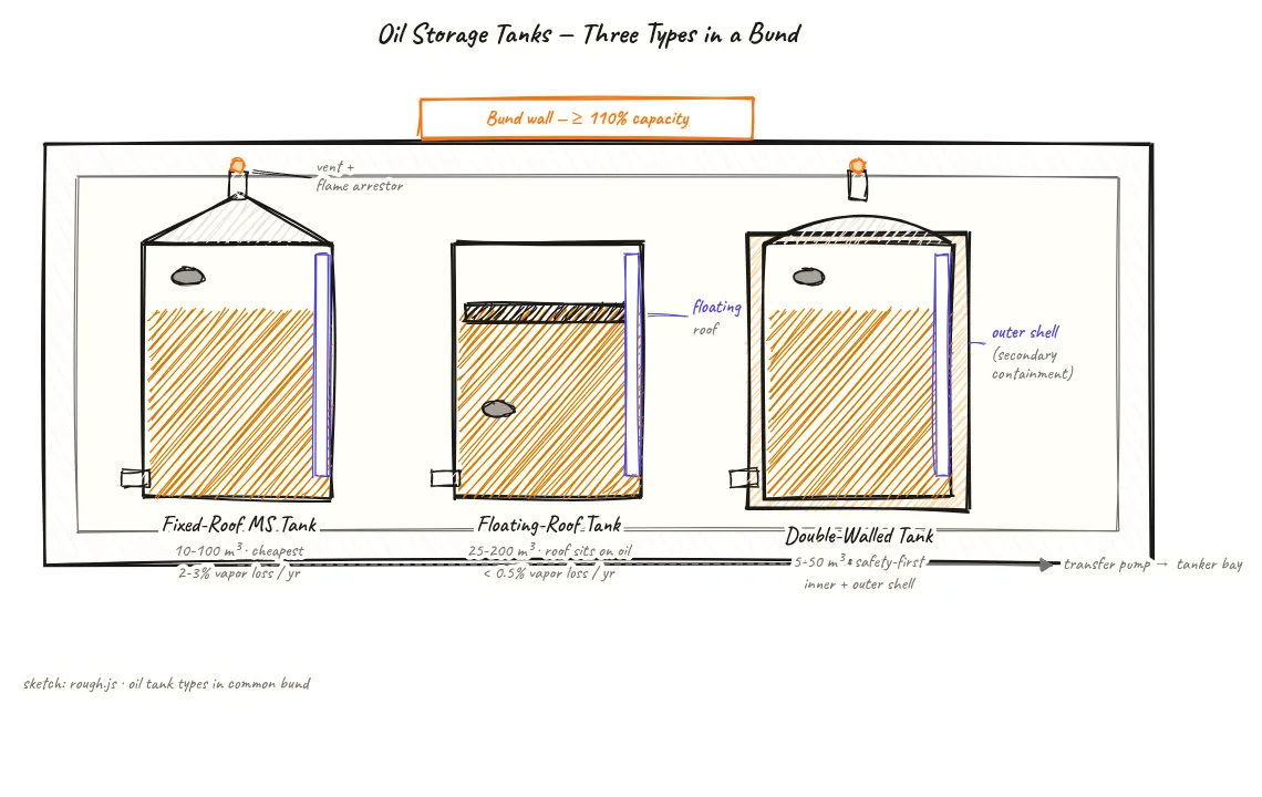 Three-panel comparison diagram of pyrolysis oil storage tank types inside a common bund wall showing left panel fixed-roof mild steel tank with vent and flame arrestor, centre panel floating-roof tank with adjustable roof seal, right panel double-walled tank with interstitial space for leak detection, all inside a shared bund wall labelled at 110% containment capacity, with labels for level gauge, manhole, and drain valve on each tank